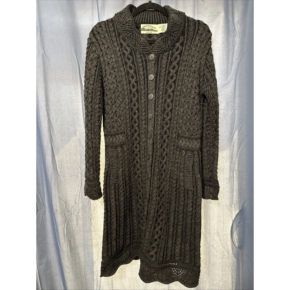 Aran Crafts 100% Merino Wool L Cable Knit Long Cardigan Black Dress Cottage